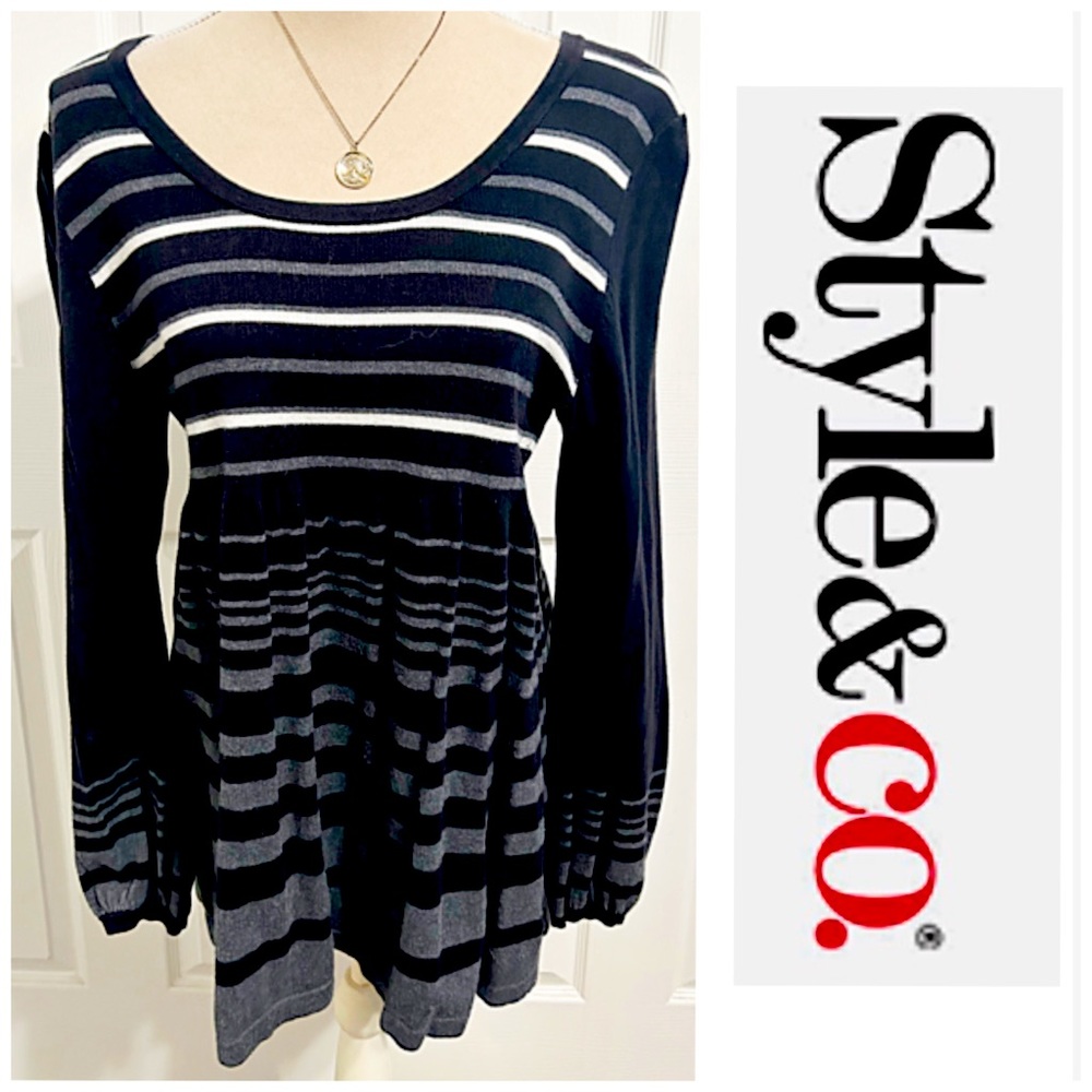 Style & Co, Baby Doll Style, Round Neckline,striped Tunic Length Sweater